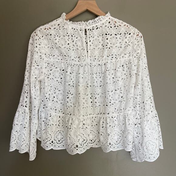 Veronica Beard Emmalyn Eyelet Blouse White Sz 8 Lace Ruffles Flare Sleeves Chic - Picture 13 of 16
